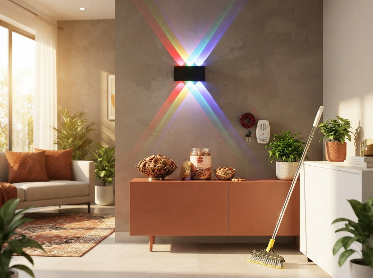 A curated collection of home and pantry products including a cleaning brush, LED wall light, water sensor, and dried fruits o