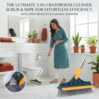 A person using a 2-in-1 bathroom cleaning brush with stiff bristles and a rubber squeegee in a modern, bright bathroom.