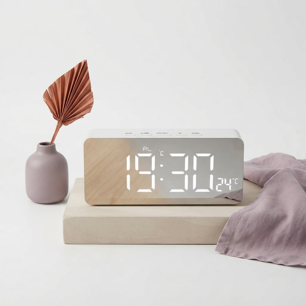 Digital Alarm Clock LED Mirror Display with Temperature Date & Sensor - stellar-stats-with-image